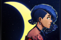 Size: 1400x906 | Tagged: safe, artist:darkflame75, character:princess luna, species:human, lunadoodle, alternate hairstyle, choker, crescent moon, cutie mark, ear piercing, female, humanized, looking back, moon, night, piercing, profile, smiling, solo, undercut