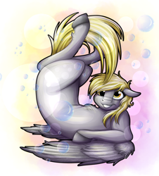 Size: 3356x3709 | Tagged: safe, artist:lupiarts, character:derpy hooves, species:pegasus, species:pony, chest fluff, female, floppy ears, grin, on back, smiling, solo, unshorn fetlocks