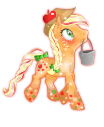Size: 3000x3651 | Tagged: safe, artist:theshadowstone, character:applejack, species:crystal pony, species:earth pony, species:pony, braid, braided tail, bucket, clothing, cowboy hat, crystallized, female, freckles, hat, mouth hold, rainbow power, simple background, smiling, solo, stetson, transparent background