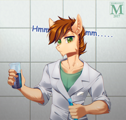 Size: 1264x1200 | Tagged: safe, artist:margony, oc, oc only, species:anthro, species:earth pony, species:pony, anthro oc, chemist, chemistry, clothing, commission, green eyes, lab coat, looking at you, male, shirt, solo, stallion