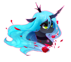 Size: 1144x1000 | Tagged: safe, artist:koveliana, character:queen chrysalis, species:changeling, beautiful, bust, chromatic aberration, eyeshadow, female, flower, flower petals, makeup, portrait, rose, simple background, solo, transparent background