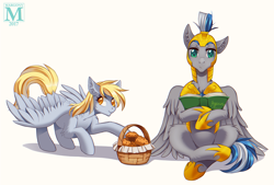 Size: 1332x900 | Tagged: safe, artist:margony, character:derpy hooves, oc, oc:cloud zapper, species:pegasus, species:pony, armor, basket, book, commission, duo, food, male, muffin, reading, royal guard, smiling, sneaking, stallion