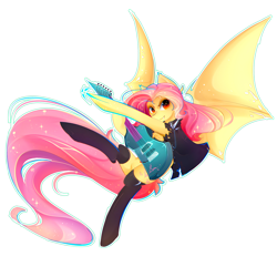 Size: 2400x2400 | Tagged: safe, artist:koveliana, character:flutterbat, character:fluttershy, species:bat pony, species:pony, big wings, chromatic aberration, clothing, female, guitar, jacket, race swap, simple background, smiling, socks, solo, spread wings, transparent background, wings