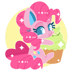 Size: 2449x2449 | Tagged: safe, artist:snow angel, character:pinkie pie, species:pony, abstract background, chibi, colored pupils, cupcake, cute, diapinkes, eating, eye sparkles, female, food, micro, sitting, solo, wingding eyes