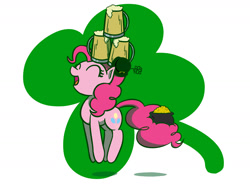 Size: 1280x960 | Tagged: safe, artist:flutterluv, character:pinkie pie, species:earth pony, species:pony, cider, clothing, clover, cutie mark, eyes closed, female, happy, hat, hooves, mare, mug, open mouth, pot of gold, pronking, saint patrick's day, solo, tail hold, tankard