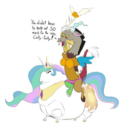 Size: 1200x1220 | Tagged: source needed, safe, artist:calorie, character:discord, character:princess celestia, species:alicorn, species:pony, belly, bingo wings, brunhilde, chubbylestia, clothing, costume, double chin, fat, female, huge butt, impossibly large belly, impossibly large butt, large butt, looney tunes, mare, obese, opera, riding, roleplay, roleplaying, this will end in tears and/or a journey to the moon, thunder thighs, what's opera doc