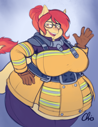Size: 2550x3300 | Tagged: safe, artist:nekocrispy, oc, oc only, oc:flamespitter, species:anthro, bbw, belly, big belly, big breasts, blushing, breasts, clothing, cosplay, costume, fat, female, hybrid, mei, obese, overwatch, overweight, solo, thunder thighs, wide hips