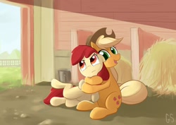 Size: 1150x812 | Tagged: safe, artist:gsphere, character:apple bloom, character:applejack, species:earth pony, species:pony, annoyed, apple sisters, barn, duo, duo female, female, filly, foal, haystack, hug, mare, siblings, sisters, sitting, smiling