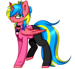 Size: 1552x1440 | Tagged: safe, artist:despotshy, oc, oc only, species:alicorn, species:pony, clothing, crown, female, glasses, jewelry, mare, pants, regalia, shirt, simple background, solo, transparent background