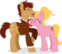 Size: 6913x6021 | Tagged: safe, artist:illumnious, species:earth pony, species:pony, absurd resolution, clothing, david tennant, doctor who, duo, eyes closed, female, hair bun, male, mare, necktie, ponified, rose tyler, simple background, smiling, stallion, tenth doctor, transparent background, vector