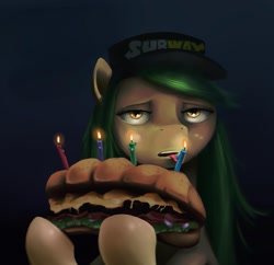 Size: 1231x1192 | Tagged: safe, artist:gsphere, oc, oc only, species:earth pony, species:pony, candle, clothing, female, food, hat, mare, solo, subway, subway pony