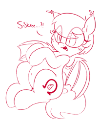Size: 913x1101 | Tagged: safe, artist:notenoughapples, oc, oc only, oc:capillary, species:bat pony, species:pony, belly button, eeee, monochrome, open mouth, simple background, skree, solo, white background