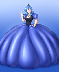 Size: 2094x2560 | Tagged: safe, artist:hyperstorm_h, artist:toughset, edit, character:princess luna, species:human, breasts, cleavage, clothing, color edit, colored, cute, dress, expy, gown, humanized, impossibly large dress, luna of atlantis, lunabetes, pageant wave, princess, s1 luna, shiny, smiling, smiling at you, waving