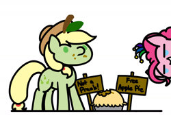 Size: 1280x960 | Tagged: safe, artist:flutterluv, character:applejack, character:pinkie pie, species:pony, april fools, clothing, food, hat, jester hat, pearjack, pie, transformation