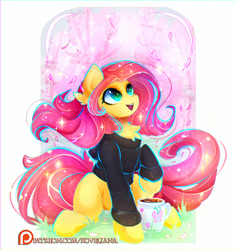 Size: 1731x1830 | Tagged: safe, artist:koveliana, character:fluttershy, species:pegasus, species:pony, chest fluff, clothing, coffee, female, mare, mug, open mouth, patreon, patreon logo, sitting, solo, sparkling