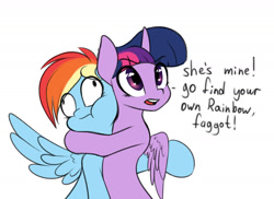 Size: 1280x931 | Tagged: safe, artist:elzzombie, character:rainbow dash, character:twilight sparkle, character:twilight sparkle (alicorn), species:alicorn, species:pegasus, species:pony, ship:twidash, choking, dialogue, female, hug, irony, lesbian, mare, neck hug, open mouth, shipping, simple background, vulgar, white background