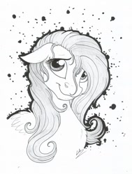 Size: 1024x1355 | Tagged: safe, artist:lupiarts, character:fluttershy, species:pegasus, species:pony, female, looking at you, mare, monochrome, simple background, smiling, solo, traditional art