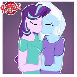Size: 1280x1280 | Tagged: safe, alternate version, artist:ribiruby, character:starlight glimmer, character:trixie, ship:startrix, my little pony:equestria girls, big breasts, breasts, busty starlight glimmer, busty trixie, clothing, eyes closed, female, kissing, lesbian, shipping, shirt, symmetrical docking