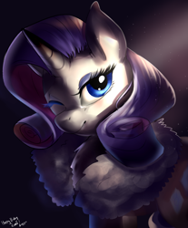 Size: 4080x4920 | Tagged: safe, artist:mrscurlystyles, character:rarity, species:pony, species:unicorn, absurd resolution, bust, clothing, eyeshadow, featured on derpibooru, female, gift art, looking at you, makeup, mare, one eye closed, portrait, smiling, solo, wink