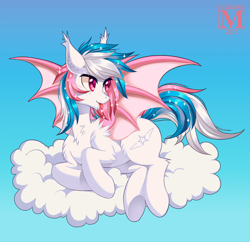 Size: 1100x1063 | Tagged: safe, artist:margony, oc, oc only, species:bat pony, species:pony, cloud, commission, looking back, male, multicolored hair, prone, smiling, solo, stallion, tongue out