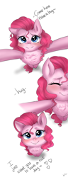 Size: 2108x5471 | Tagged: safe, artist:mrscurlystyles, character:pinkie pie, species:earth pony, species:pony, absurd resolution, chest fluff, comic, cute, dawwww, diapinkes, female, heartwarming, hnnng, hug, looking at you, mare, offscreen character, positive ponies, simple background, smiling, solo, sweet dreams fuel, text, white background