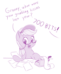 Size: 745x900 | Tagged: safe, artist:dstears, character:applejack, species:earth pony, species:pony, calculator, clothing, dialogue, female, freckles, glasses, hat, hilarious in hindsight, horse taxes, implied granny smith, mare, monochrome, offscreen character, paper, pencil, simple background, simpsons did it, solo, taxes, the simpsons