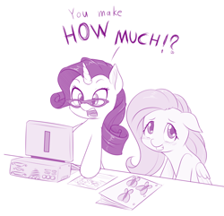Size: 900x866 | Tagged: safe, artist:dstears, character:fluttershy, character:rarity, species:pegasus, species:pony, species:unicorn, blushing, computer, dialogue, duo, embarrassed, female, floppy ears, folder, glasses, grin, horse taxes, keyboard, looking at something, looking away, mare, monitor, monochrome, open mouth, paper, rich, shocked, simple background, smiling, squee, surprised, taxes, white background, wide eyes
