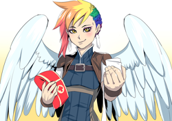 Size: 1400x990 | Tagged: safe, artist:bakki, oc, oc only, oc:rainbow feather, parent:gilda, parent:rainbow dash, parents:gildash, species:human, bandage, clothing, commission, ear piercing, feather, female, first aid kit, humanized, humanized oc, interspecies offspring, looking at you, magical lesbian spawn, medic, multicolored hair, next generation, offspring, piercing, simple background, smiling, winged humanization, wings