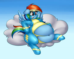 Size: 3900x3100 | Tagged: safe, artist:elzzombie, artist:graphenescloset, character:rainbow dash, belly, belly button, clothing, collaboration, fat, floppy ears, obese, open mouth, rainblob dash, torn clothes, uniform, wardrobe malfunction, weight gain, wonderbolts uniform