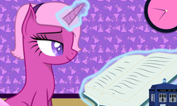Size: 15321x9209 | Tagged: safe, artist:illumnious, base used, oc, oc only, oc:flares midnight, species:pony, species:unicorn, absurd resolution, book, doctor who, female, glowing horn, magic, mare, reading, smiling, solo, tardis