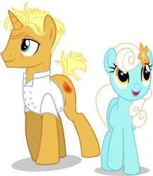 Size: 5097x5872 | Tagged: safe, artist:illumnious, character:gourmand ramsay, character:serena, species:earth pony, species:pony, species:unicorn, episode:spice up your life, g4, my little pony: friendship is magic, absurd resolution, background pony, clothing, duo, female, flower, flower in hair, gordon ramsay, male, mare, ponified, simple background, smiling, stallion, transparent background, vector