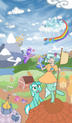 Size: 525x900 | Tagged: safe, artist:moronsonofboron, character:applejack, character:fluttershy, character:lyra heartstrings, character:pinkie pie, character:rainbow dash, character:rarity, character:twilight sparkle, character:twilight sparkle (alicorn), oc, oc:hope, parent:lyra heartstrings, satyr, species:alicorn, species:pony, canterlot, clothing, cloudsdale, confetti, dress, flag, flying, mother and daughter, mountain, rainbow, river, wonder project j2