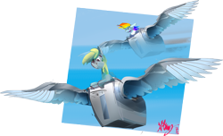 Size: 1922x1168 | Tagged: safe, artist:alumx, character:derpy hooves, character:rainbow dash, species:pegasus, species:pony, big wings, duo, flying, lol, smiling, spread wings, toaster, wat, wings
