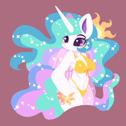 Size: 1858x1858 | Tagged: safe, artist:snow angel, character:princess celestia, species:alicorn, species:anthro, species:pony, species:unguligrade anthro, adorasexy, arm hooves, bikini, blushing, breasts, busty princess celestia, clothing, colored pupils, cute, cutelestia, cutie mark, ethereal mane, female, flowing mane, flowing tail, frown, hoof on hip, mare, missing accessory, multicolored hair, praise the sun, purple eyes, royalty, sexy, simple background, solo, sparkles, starry eyes, stupid sexy celestia, sun, swimsuit, wingding eyes, wings