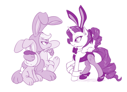 Size: 1000x725 | Tagged: safe, artist:dstears, character:apple bloom, character:applejack, character:rarity, character:sweetie belle, species:earth pony, species:pony, species:unicorn, animal costume, bunny costume, bunny ears, bunny suit, clothing, costume, covering, cufflinks, cuffs (clothes), easter, female, filly, freckles, leotard, looking at each other, misinterpretation, monochrome, pantyhose, playboy bunny, ponytail, raised hoof, simple background