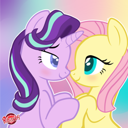 Size: 1280x1280 | Tagged: safe, artist:ribiruby, character:fluttershy, character:starlight glimmer, species:pegasus, species:pony, species:unicorn, blushing, colored pupils, female, glimmershy, lesbian, looking at each other, mare, shipping, smiling