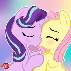 Size: 1280x1280 | Tagged: safe, alternate version, artist:ribiruby, character:fluttershy, character:starlight glimmer, species:pegasus, species:pony, species:unicorn, blushing, eyes closed, female, glimmershy, kissing, lesbian, mare, shipping