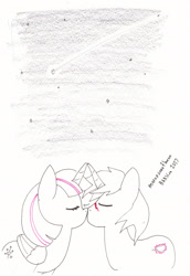Size: 2056x2984 | Tagged: safe, artist:moronsonofboron, character:shadow lock, character:twilight sparkle, character:twilight sparkle (alicorn), species:alicorn, species:pony, boop, comet, commission, eyes closed, female, horns are touching, male, noseboop, shipping, stars, straight, twilock