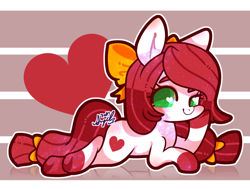 Size: 800x606 | Tagged: safe, artist:snow angel, oc, oc only, oc:heart, species:earth pony, species:pony, bow, colored pupils, female, hair bow, heart eyes, mare, prone, solo, wingding eyes