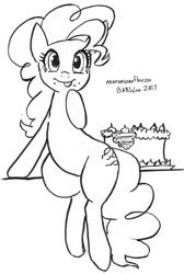 Size: 606x900 | Tagged: safe, artist:moronsonofboron, character:pinkie pie, species:pony, cake, female, food, looking at you, monochrome, sketch, solo, tongue out