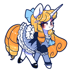 Size: 800x800 | Tagged: safe, artist:snow angel, oc, oc only, species:pony, species:unicorn, bow, clothing, curly mane, dress, eyeshadow, female, hair bow, lolita fashion, long mane, looking at you, makeup, mare, shoes, simple background, smiling, solo, transparent background, walking