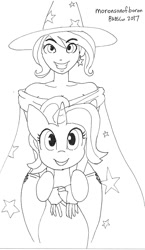 Size: 523x900 | Tagged: safe, artist:moronsonofboron, character:starlight glimmer, character:trixie, species:human, cape, clothing, hat, humanized, trixie's cape, trixie's hat