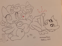 Size: 900x675 | Tagged: safe, artist:moronsonofboron, character:apple bloom, character:scootaloo, character:sweetie belle, species:earth pony, species:pegasus, species:pony, species:unicorn, cutie mark crusaders, injured, lego, nurse, traditional art