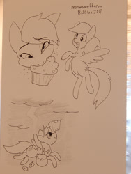 Size: 675x900 | Tagged: safe, artist:moronsonofboron, character:derpy hooves, species:pegasus, species:pony, female, flying, food, happy, letter, lightning, mailbag, muffin, smiling, solo, traditional art