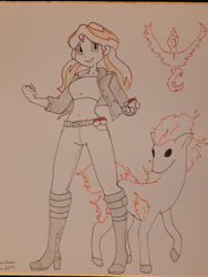 Size: 675x900 | Tagged: safe, artist:moronsonofboron, character:sunset shimmer, my little pony:equestria girls, belly button, crossover, fiery shimmer, midriff, pokéball, pokémon, ponyta, simple background, team valor, traditional art