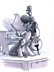 Size: 1024x1357 | Tagged: safe, artist:kenket, artist:spainfischer, character:octavia melody, species:earth pony, species:pony, cello, female, mare, monochrome, musical instrument, piano, sketch, solo, traditional art
