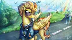 Size: 3840x2160 | Tagged: safe, artist:lupiarts, character:derpy hooves, character:soarin', character:spitfire, species:pegasus, species:pony, episode:wonderbolts academy, clothing, crepuscular rays, drill sergeant, female, flying, looking back, mare, rainbow, silhouette, sunglasses, uniform, whistle, whistle necklace, wonderbolts dress uniform, wonderbolts uniform