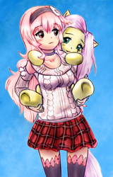 Size: 968x1516 | Tagged: safe, artist:alloyrabbit, artist:cabrony, edit, character:fluttershy, species:human, species:pegasus, species:pony, carrying, clothing, color edit, colored, crossover, cute, female, human female, hyperdimension neptunia, kneesocks, mai waifus have met, mare, shyabetes, skirt, socks, sweater