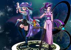 Size: 3200x2222 | Tagged: safe, artist:mauroz, character:starlight glimmer, character:sunset shimmer, character:trixie, character:twilight sparkle, species:human, boots, cape, cheongsam, clock, clothing, corset, cufflinks, cuffs (clothes), doll, dress, duo, female, gloves, hat, holding, humanized, looking at you, magic, magic circle, s5 starlight, shoes, side slit, socks, staff, staff of sameness, stockings, thigh highs, toy, trixie's cape, trixie's hat, voodoo doll