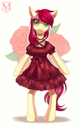 Size: 800x1224 | Tagged: safe, artist:margony, character:roseluck, species:earth pony, species:pony, bipedal, clothing, dress, female, flower, looking at you, mare, rose, simple background, smiling, solo, white background
